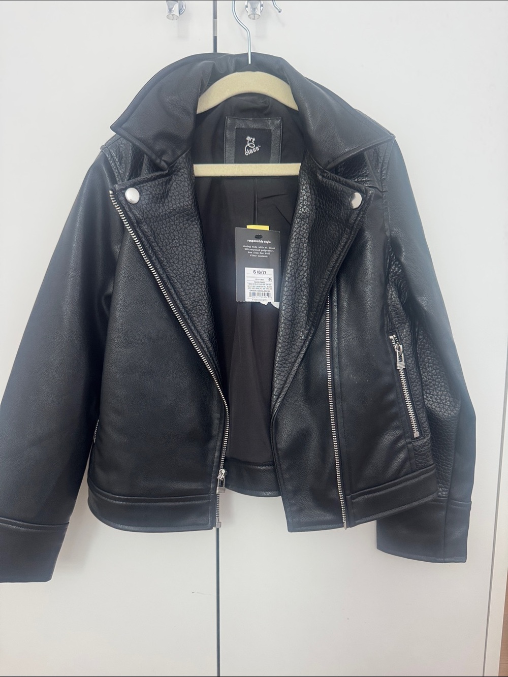 art class Black Faux Leather Biker Jacket for Kids